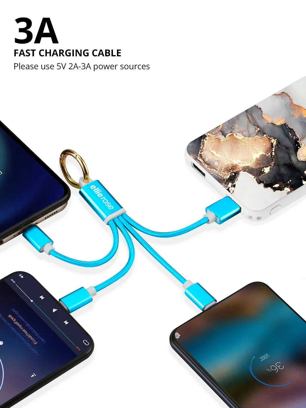 Neon Blue 3-in-1 Charging Cable Keychain