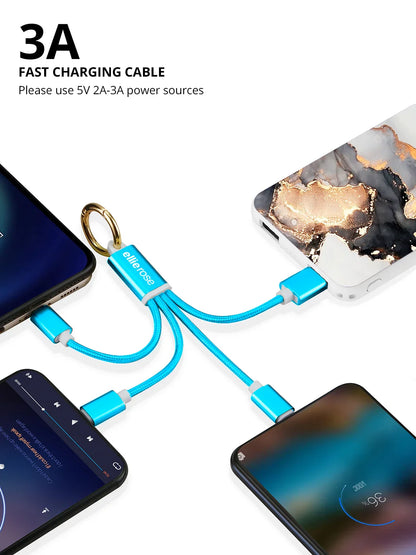 Neon Blue 3-in-1 Charging Cable Keychain